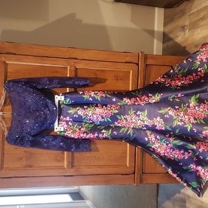 Ellie Wilde formal dress, size 00, in navy with deep red and pink flowers.